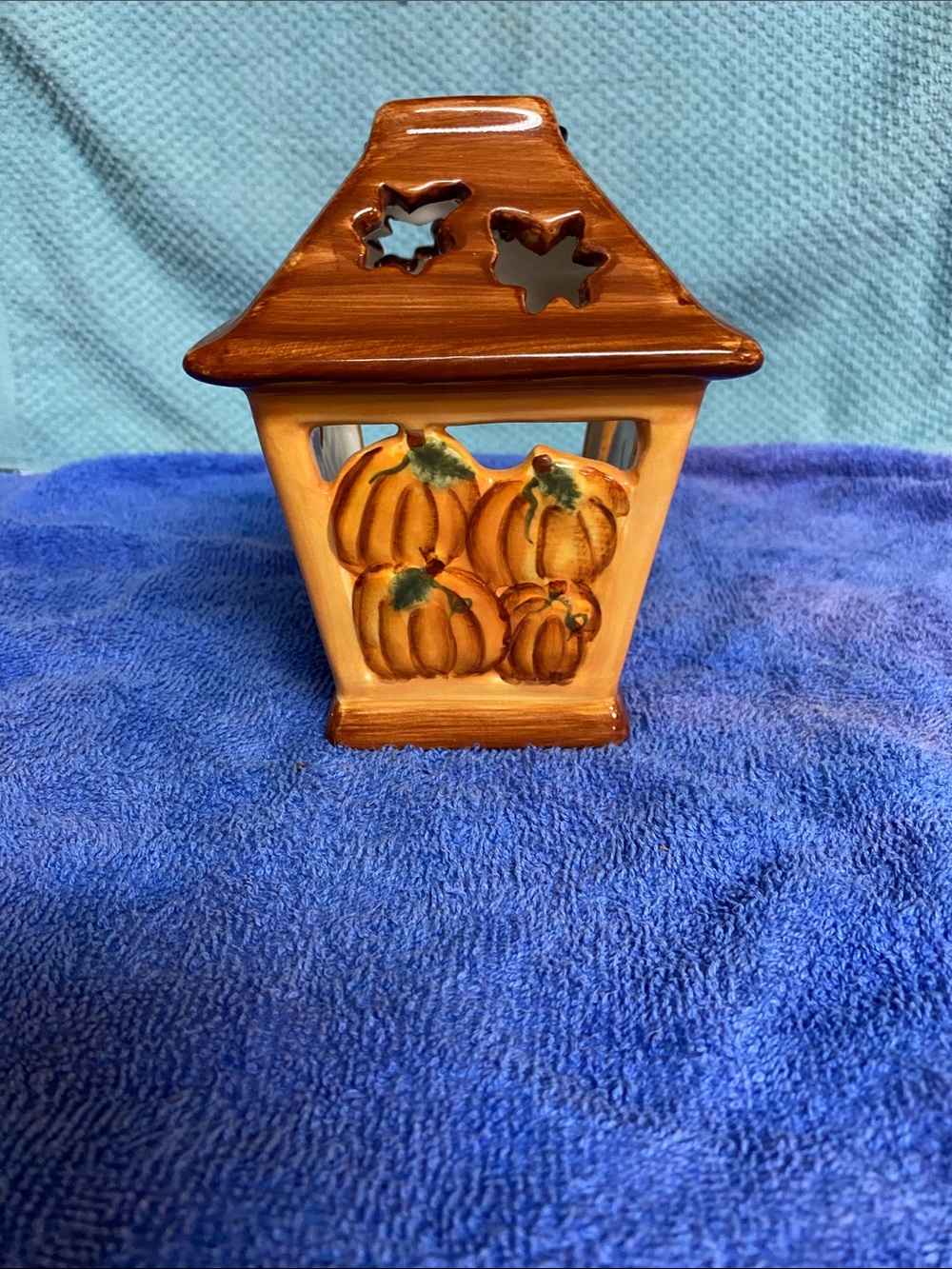 Source Unknown Orange Pumpkin Ceramic Lantern with Brown Roof